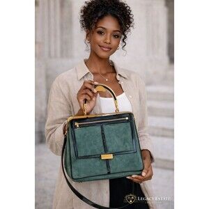 Green Suede Clutch Balmain x HM Leather Gold Handle Jeweled Accents